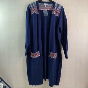 Denim & Co Women’s Open Front Fair Isle Jacquard Long Cardigan Sweater Navy 2X
